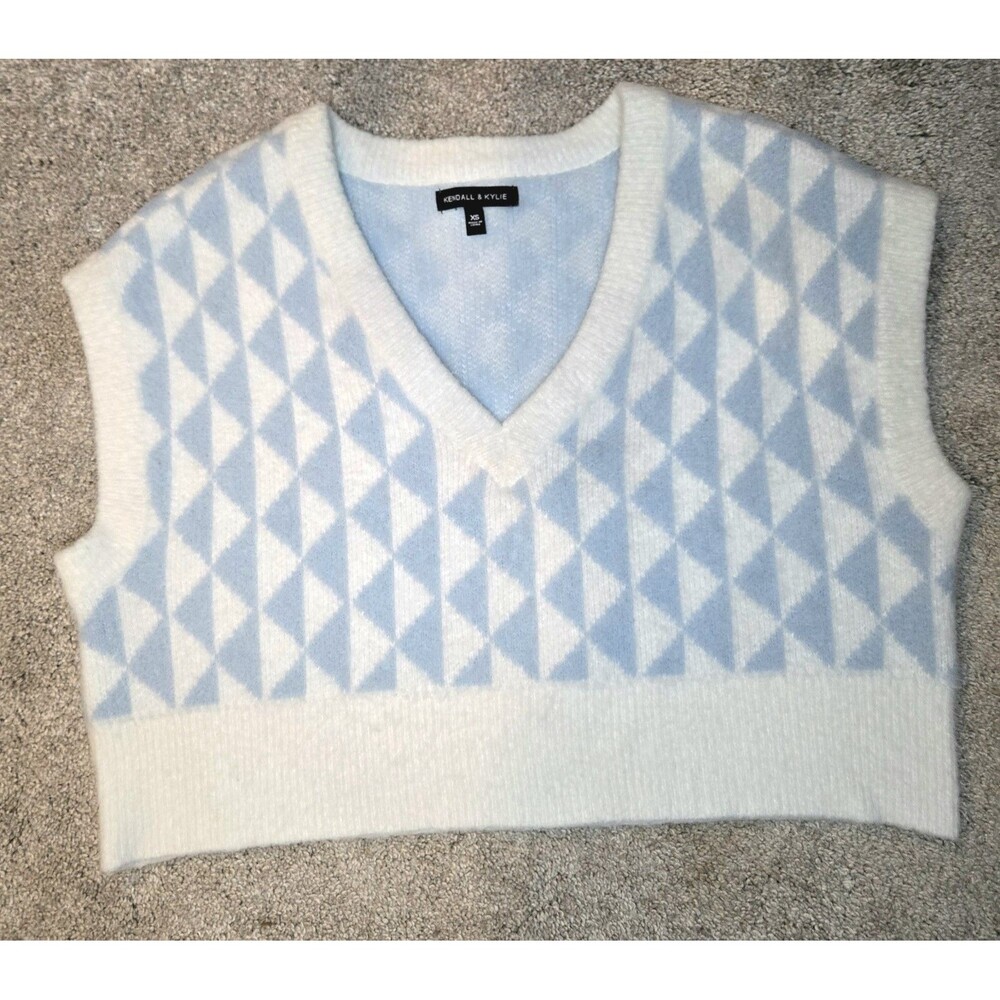 Kendall & Kylie PacSun Fuzzy Argyle Cropped Sweater Vest Blue White XS